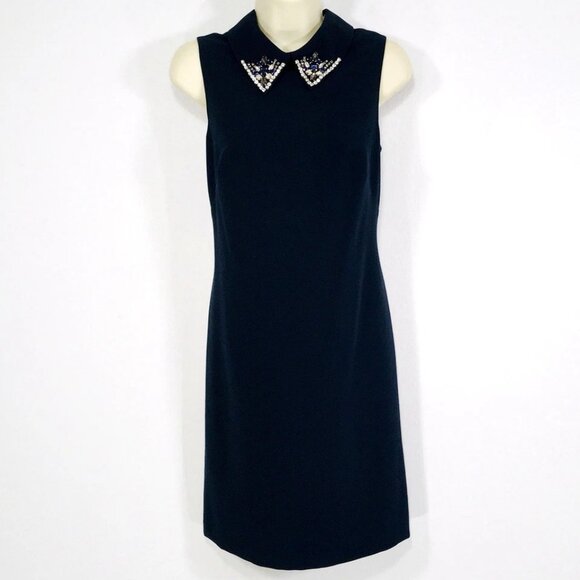 Eliza J Sz 6 Navy Blue Shift Dress Jeweled Collar Sleeveless Classic Preppy - Picture 2 of 15